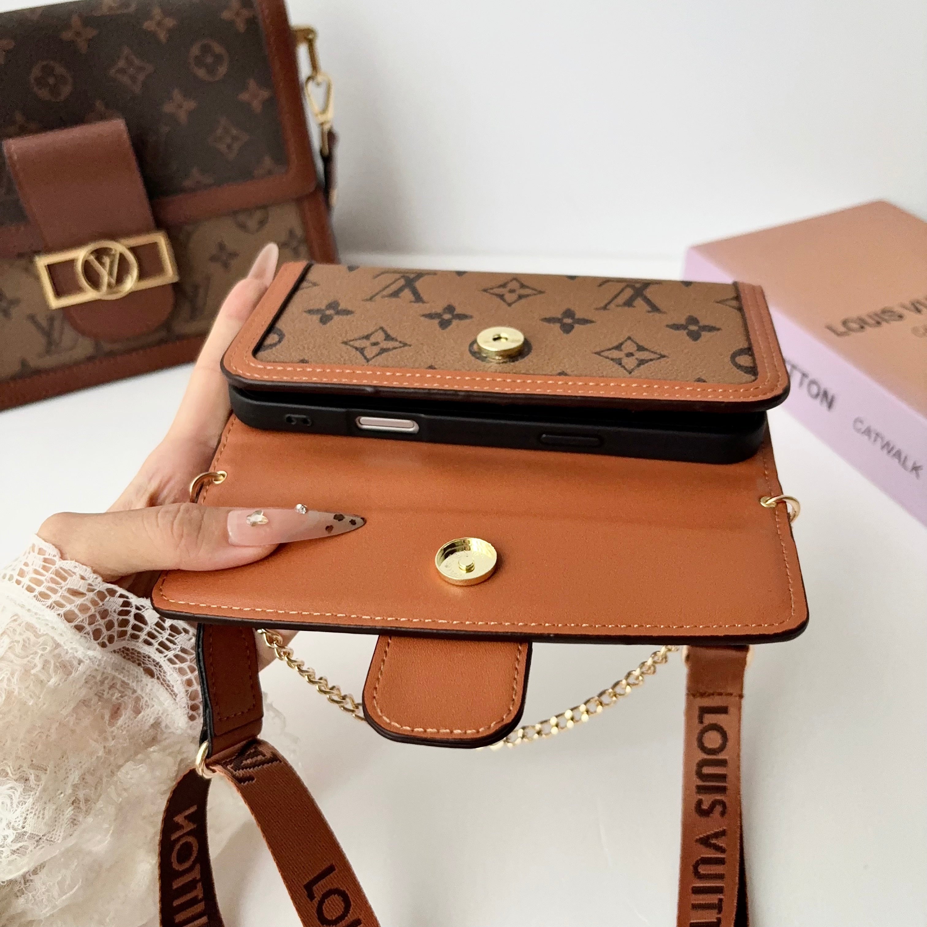 Luxury Leather Monogram iPhone Case With Flip Wallet And Crossbody Strap-LA260021