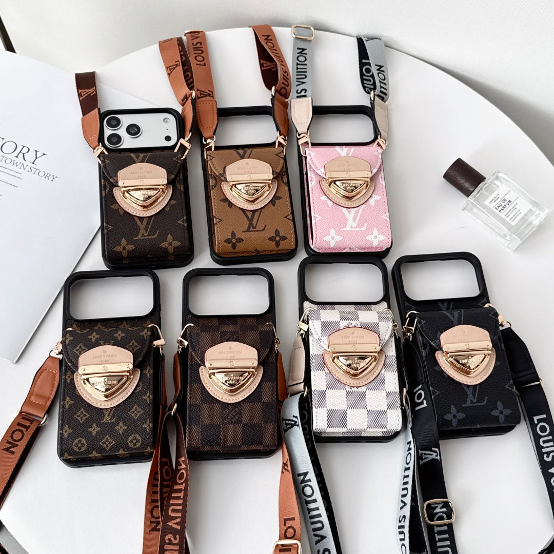Leather Monogram iPhone Case With Card Holder And Crossbody Strap For iPhone 17 Series-LA260044