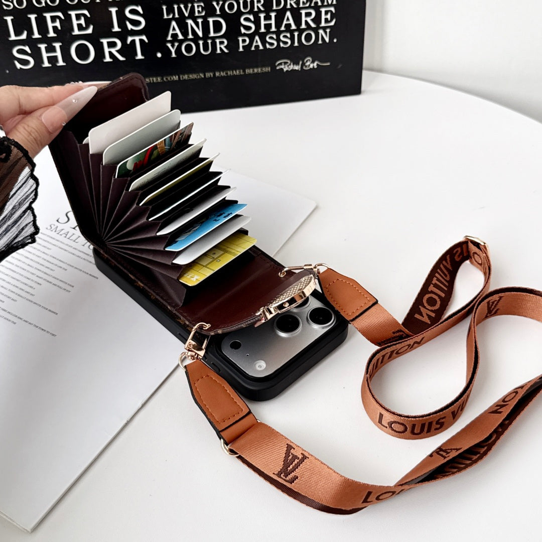 Leather Monogram iPhone Case With Card Holder And Crossbody Strap For iPhone 17 Series-LA260044