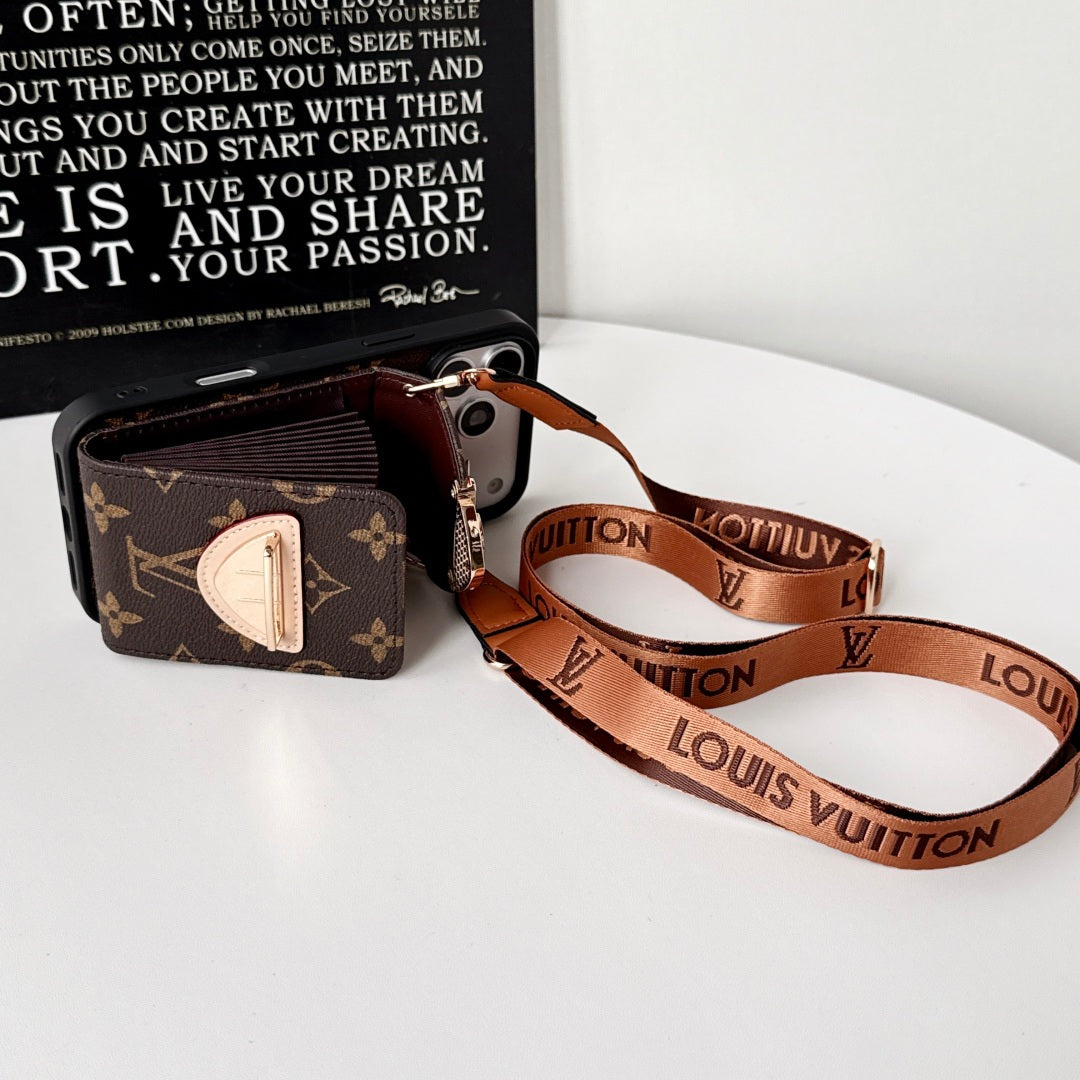 Leather Monogram iPhone Case With Card Holder And Crossbody Strap For iPhone 17 Series-LA260044