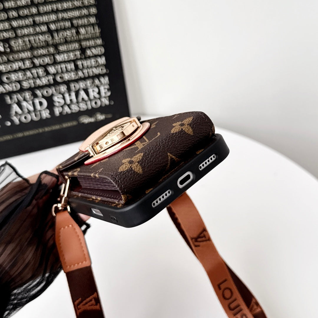 Leather Monogram iPhone Case With Card Holder And Crossbody Strap For iPhone 17 Series-LA260044