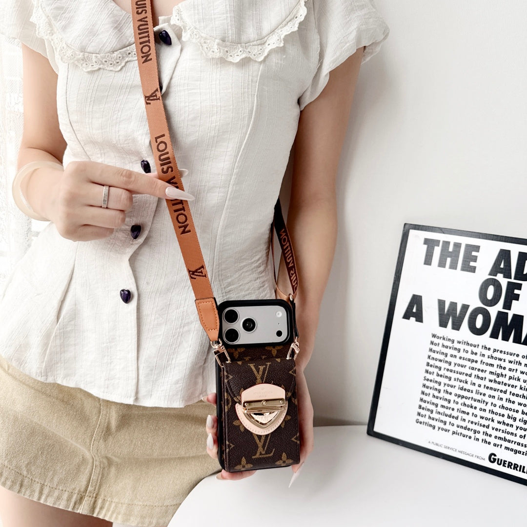 Leather Monogram iPhone Case With Card Holder And Crossbody Strap For iPhone 17 Series-LA260044
