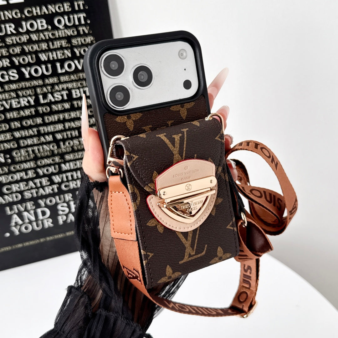 Leather Monogram iPhone Case With Card Holder And Crossbody Strap For iPhone 17 Series-LA260044