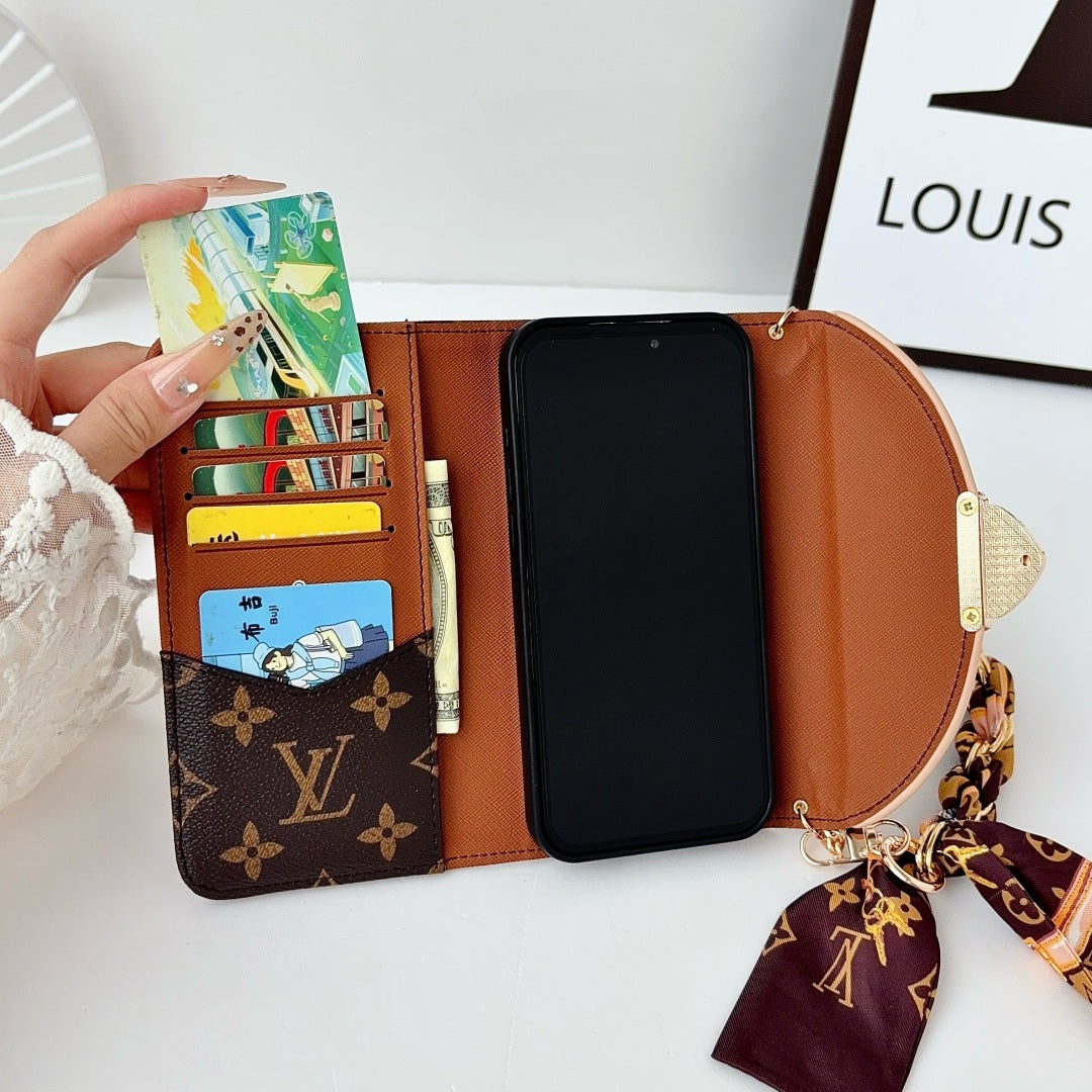 Premium Leather Monogram iPhone Case With Flip Wallet And Crossbody Strap-LA260050