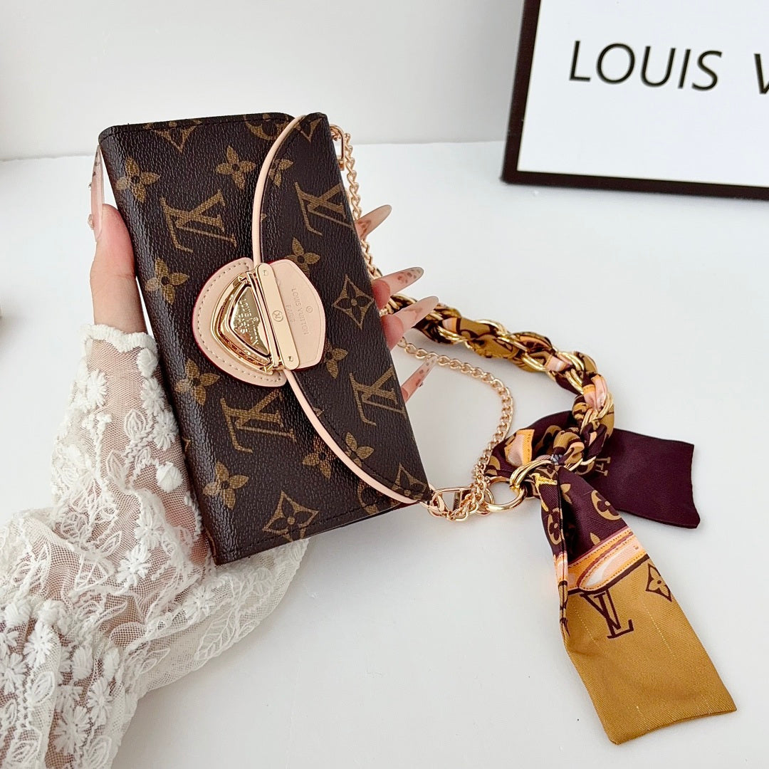 Premium Leather Monogram iPhone Case With Flip Wallet And Crossbody Strap-LA260050
