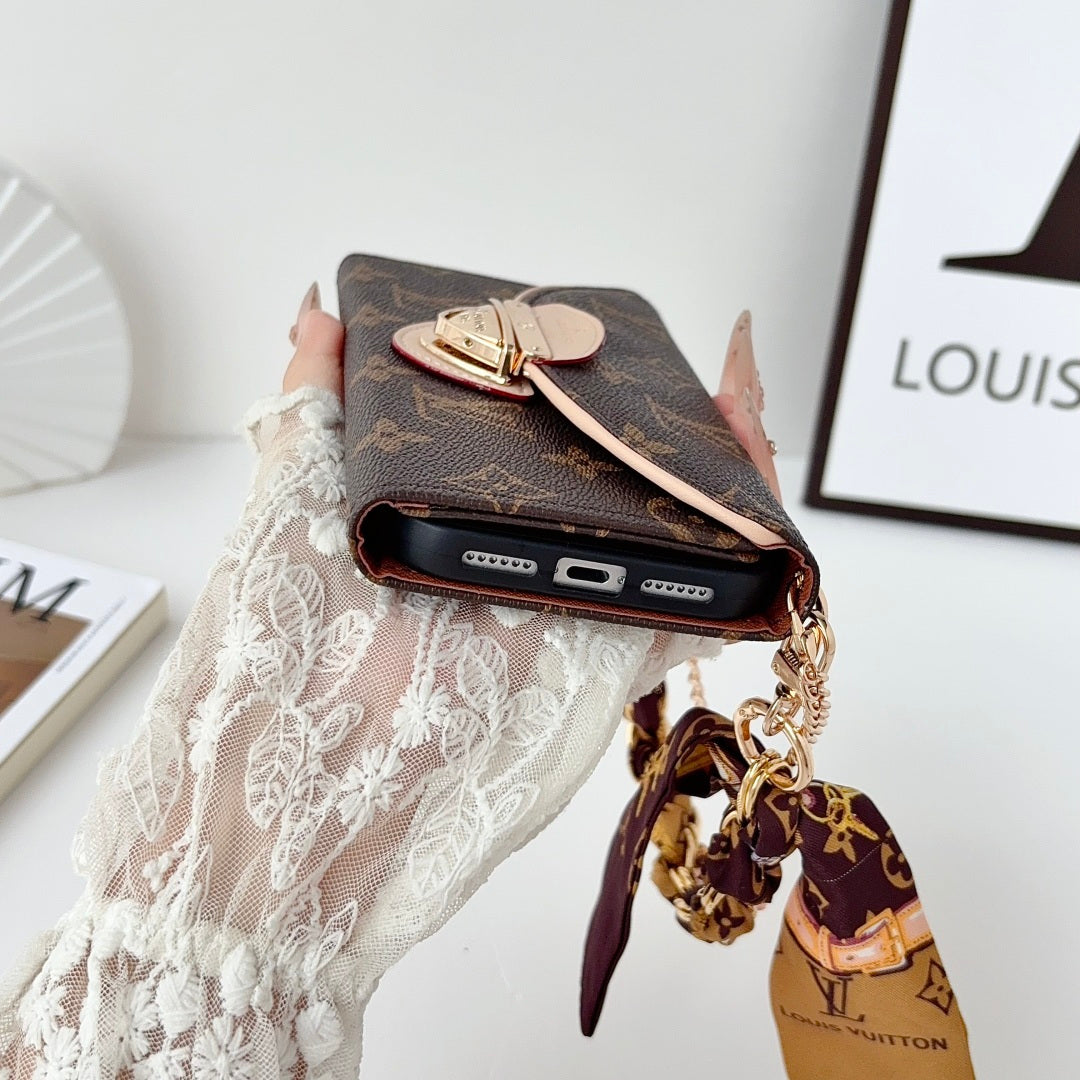 Premium Leather Monogram iPhone Case With Flip Wallet And Crossbody Strap-LA260050