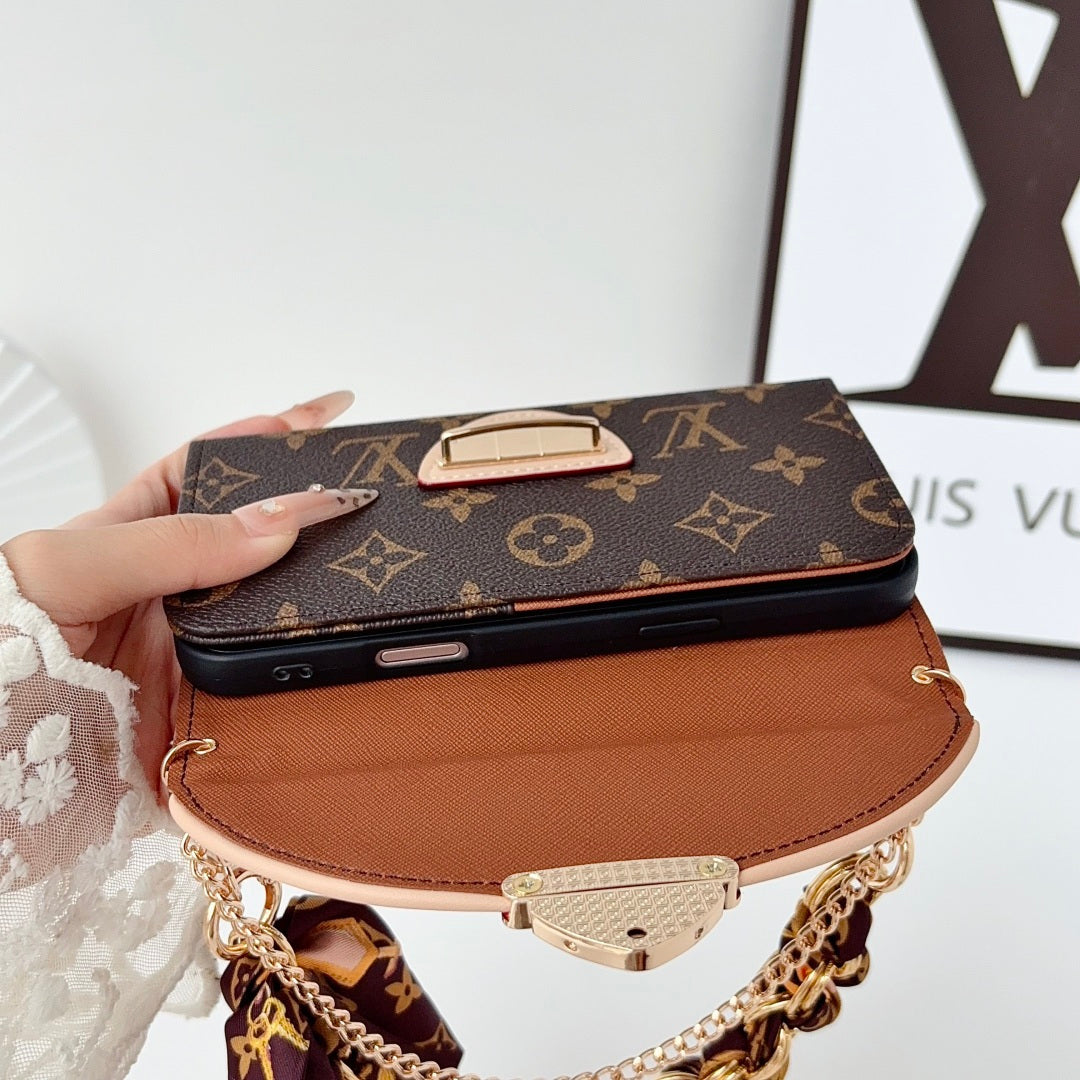 Premium Leather Monogram iPhone Case With Flip Wallet And Crossbody Strap-LA260050