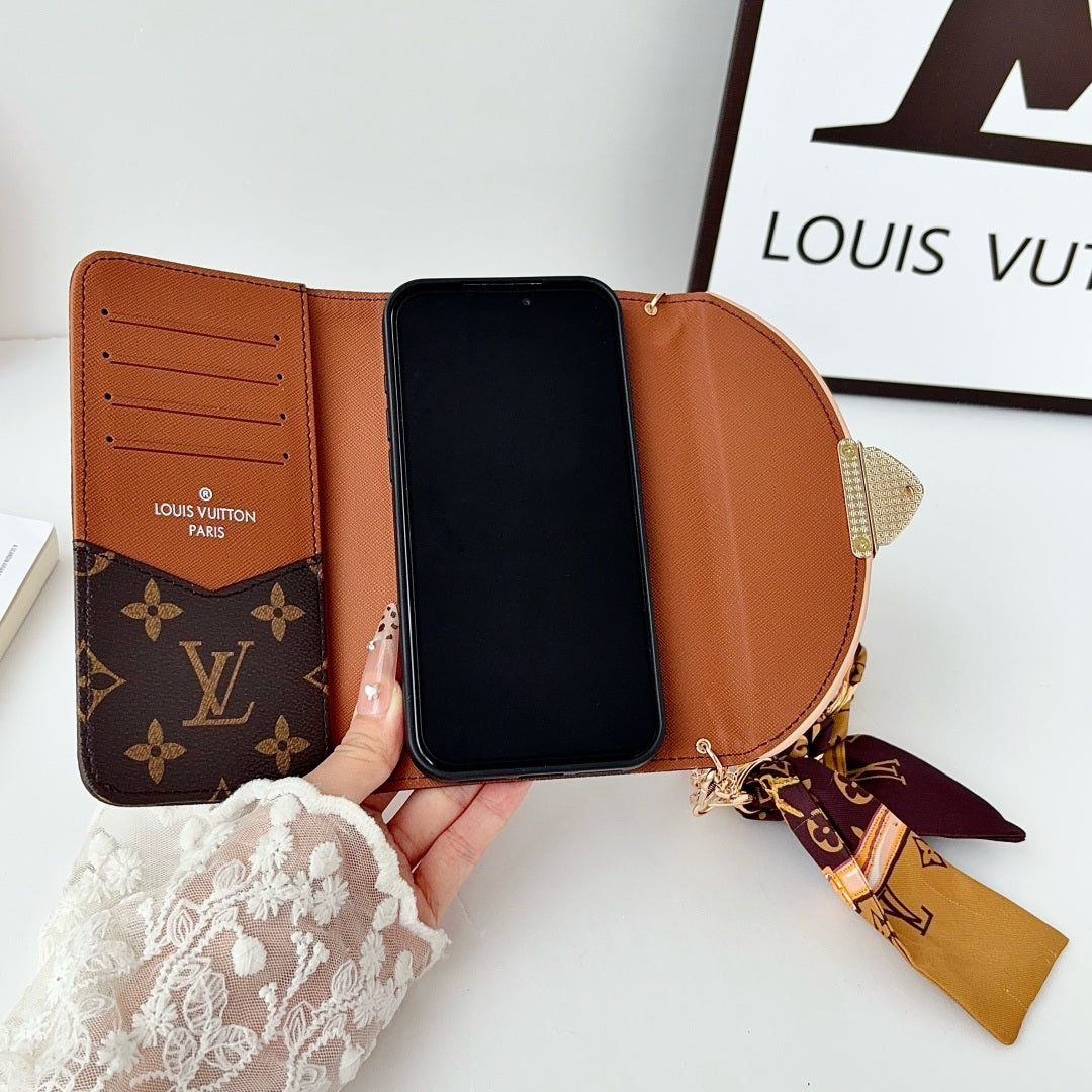 Premium Leather Monogram iPhone Case With Flip Wallet And Crossbody Strap-LA260050