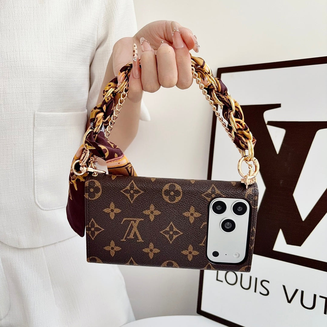 Premium Leather Monogram iPhone Case With Flip Wallet And Crossbody Strap-LA260050
