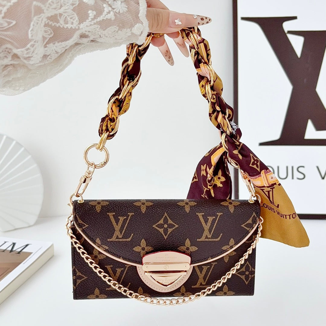 Premium Leather Monogram iPhone Case With Flip Wallet And Crossbody Strap-LA260050